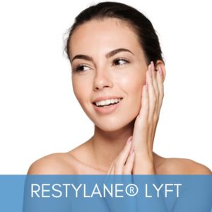 Woman smiling and touching her lifted face modeling for restylane lyft.