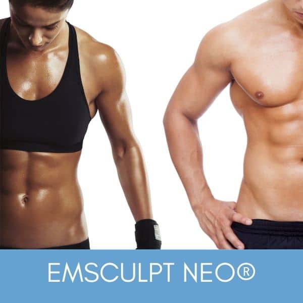Man and woman with muscular bodies after Emsculpt Neo.