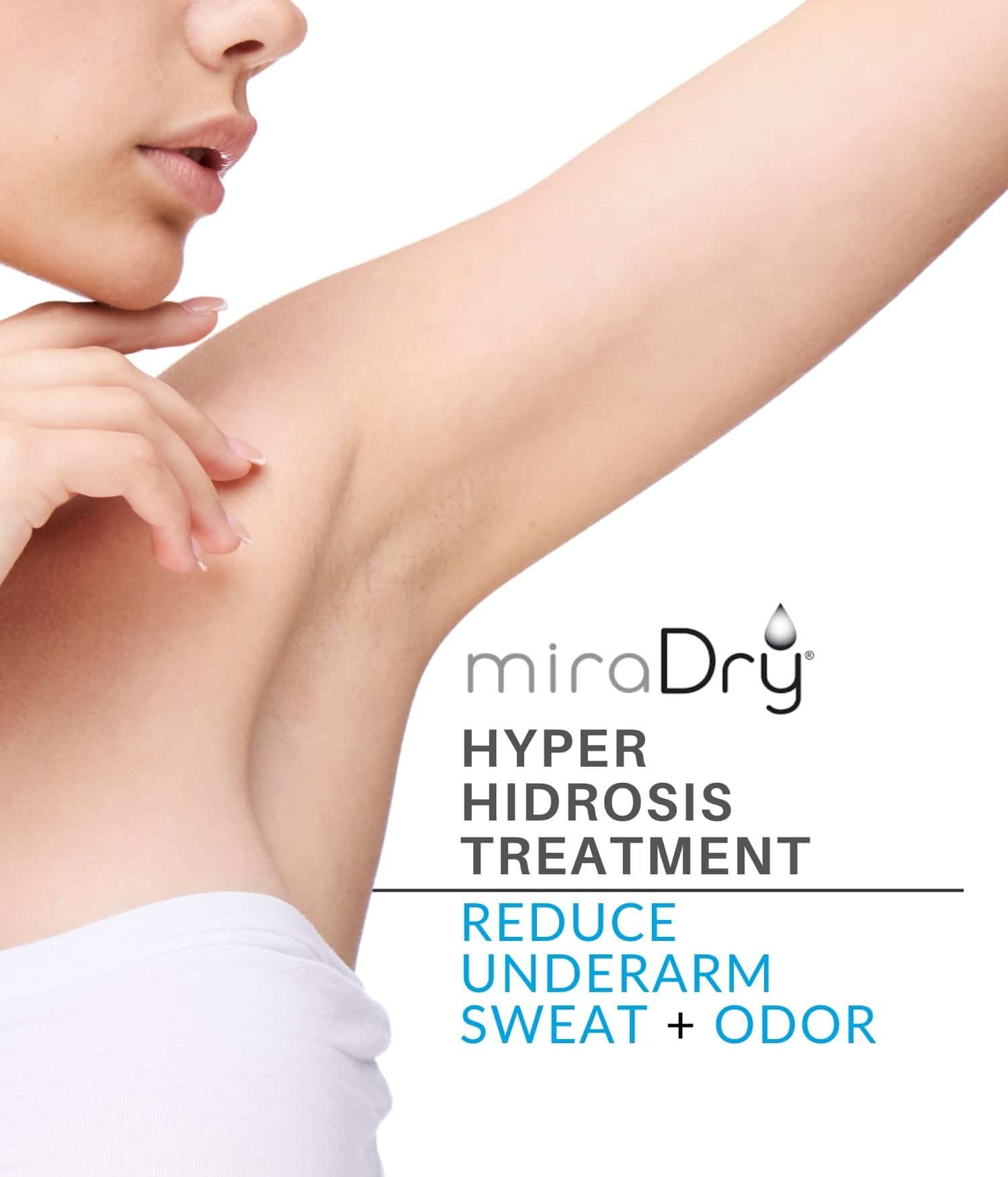 Woman looks under her armpit representing Miradry treatment targeting underarm sweat at Laser Doc MD.