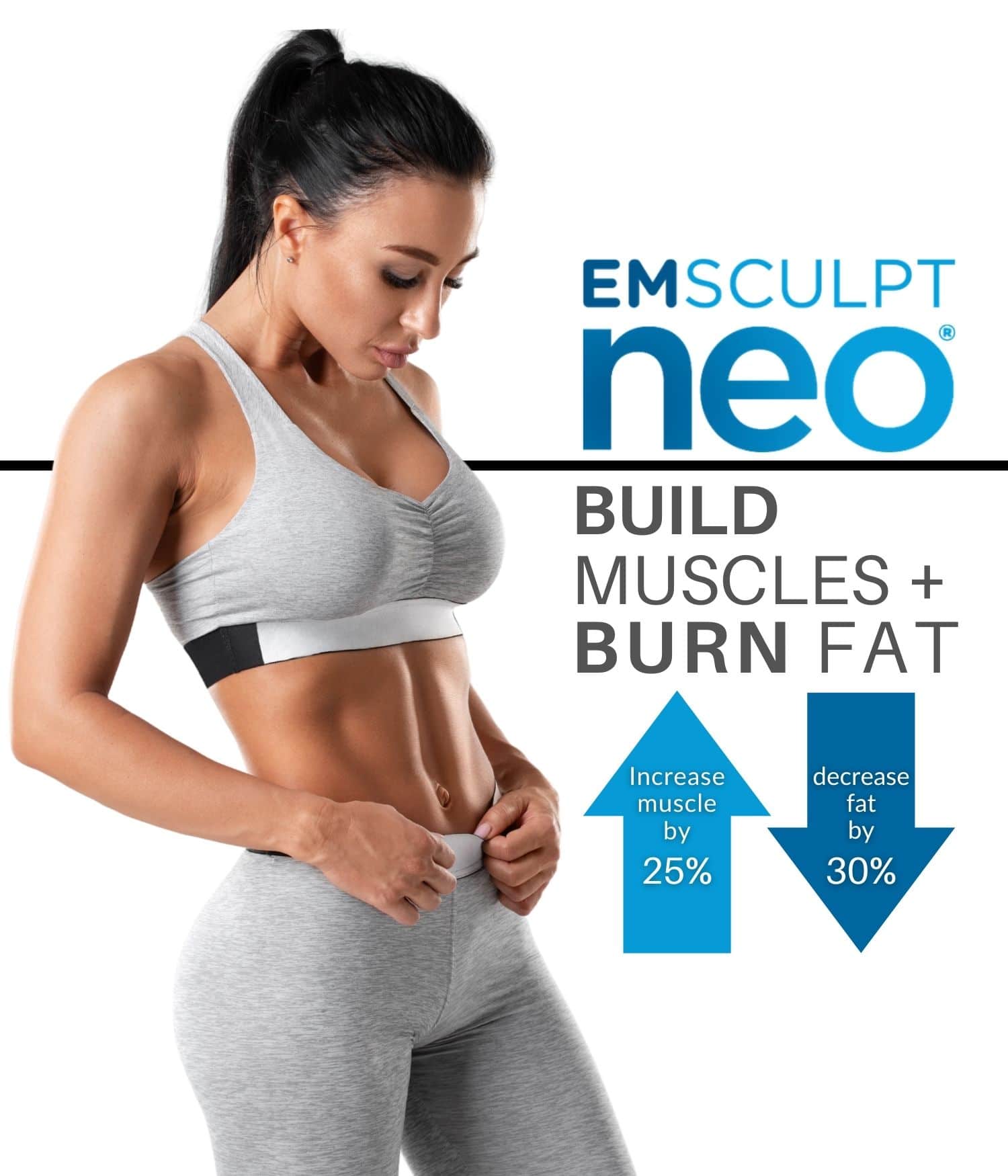 Strong, athletic woman in workout clothes modeling for the hero image of the Emsculpt Neo page for Dermatology Laser Center & Medispa.