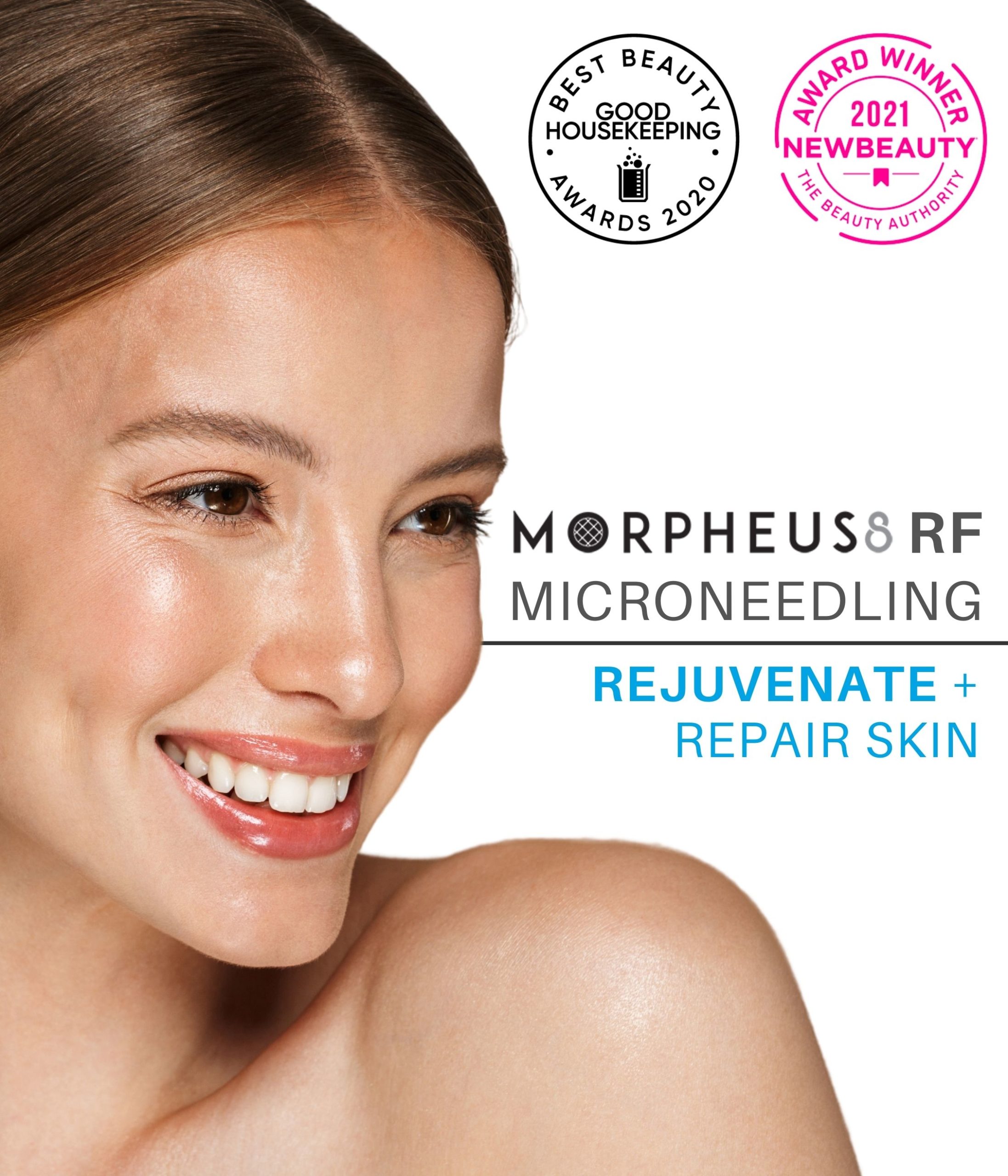 woman with a clear face promoting RF Microneedling with Morpheus8 treatment