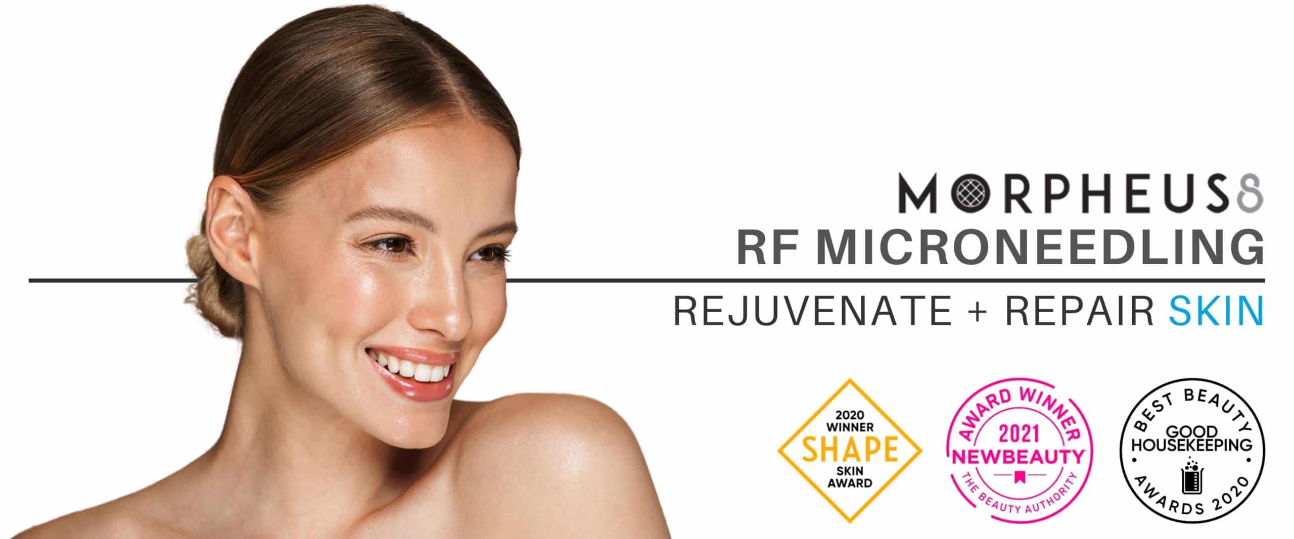 woman with a clear face promoting RF Microneedling with Morpheus8 treatment